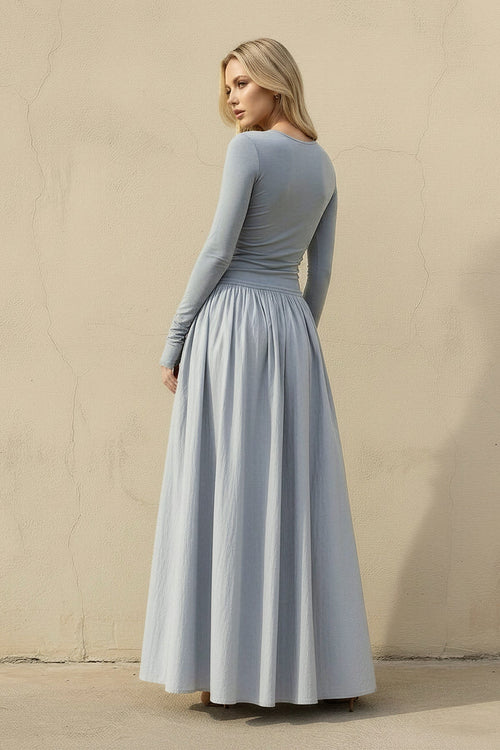 Long Sleeves Ruched Maxi Dress in Dusty Blue