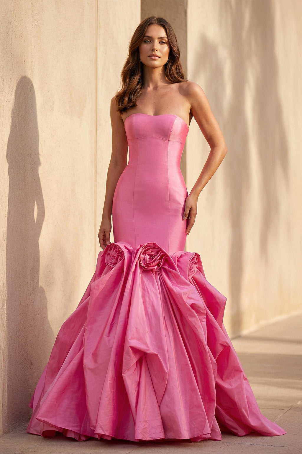 Mermaid 3D Floral Appliques Prom Gown in Fuchsia