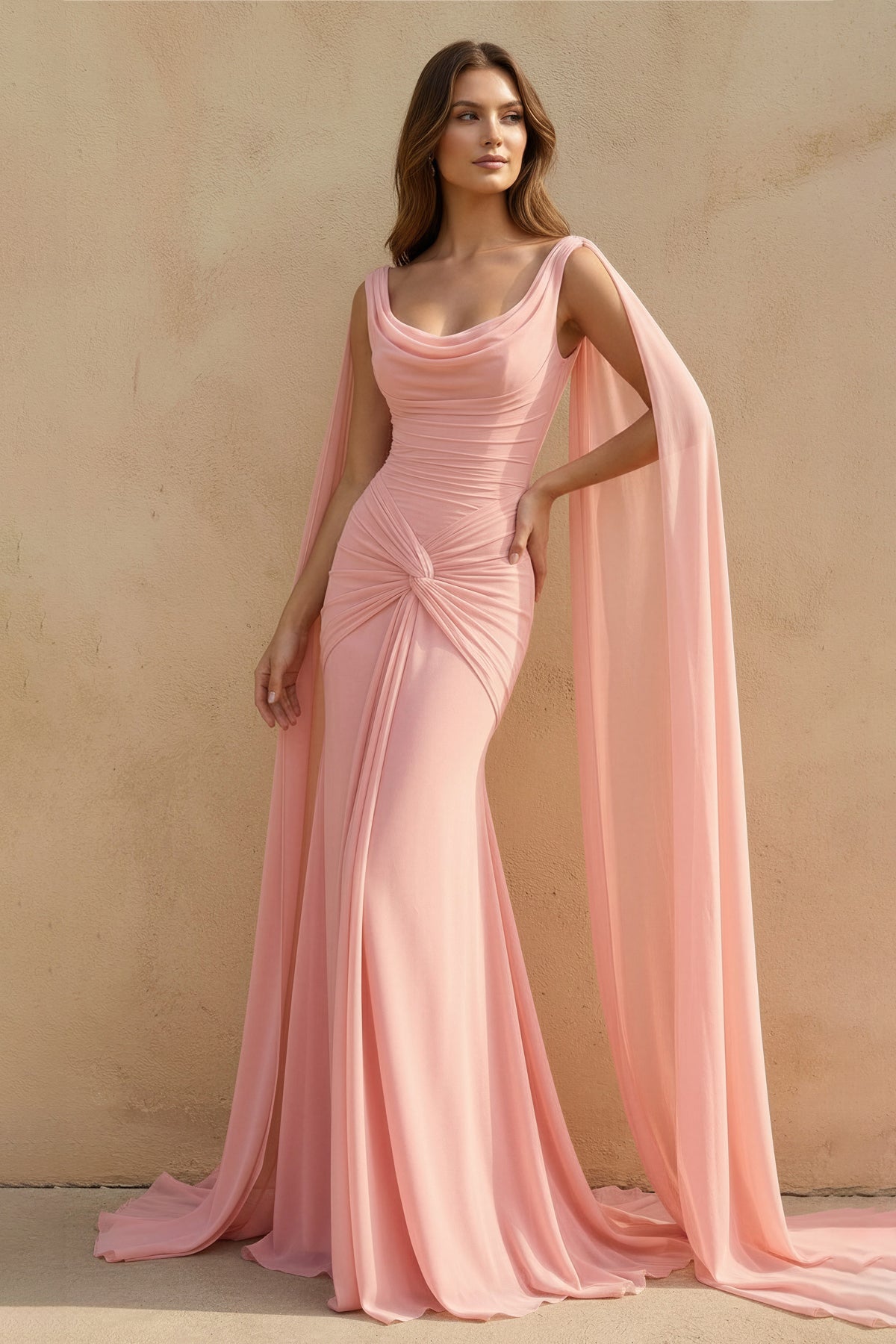 Mermaid Cape Sleeves Prom Gown in Pink