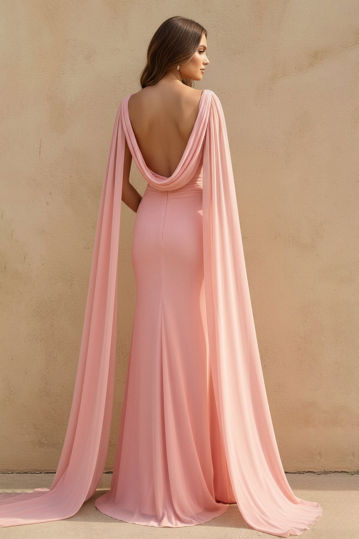 Mermaid Cape Sleeves Prom Gown in Pink