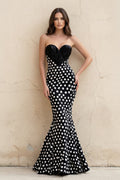 Mermaid Polka Dot Strapless Gown in Black