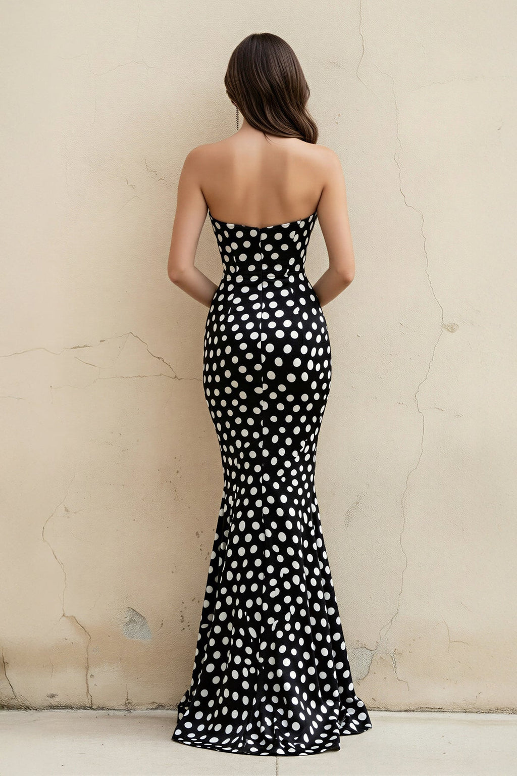 Mermaid Polka Dot Strapless Gown in Black