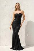 Mermaid Ruched Metallic Maxi Dress in Black