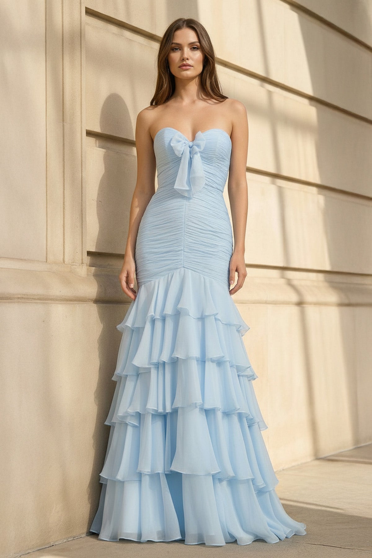 Mermaid Ruffled Prom Gown With Bow in Sky Blue