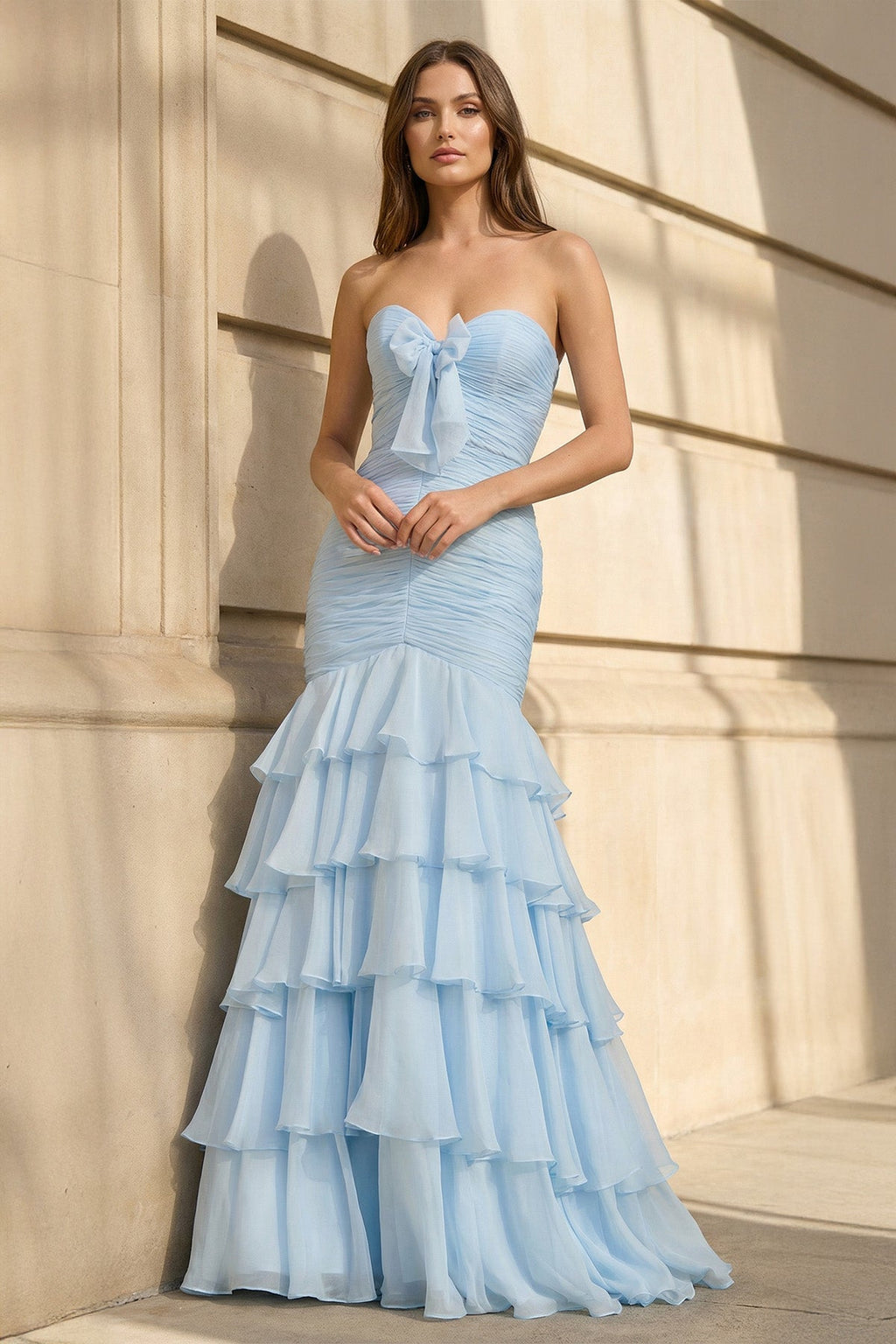 Mermaid Ruffled Prom Gown With Bow in Sky Blue