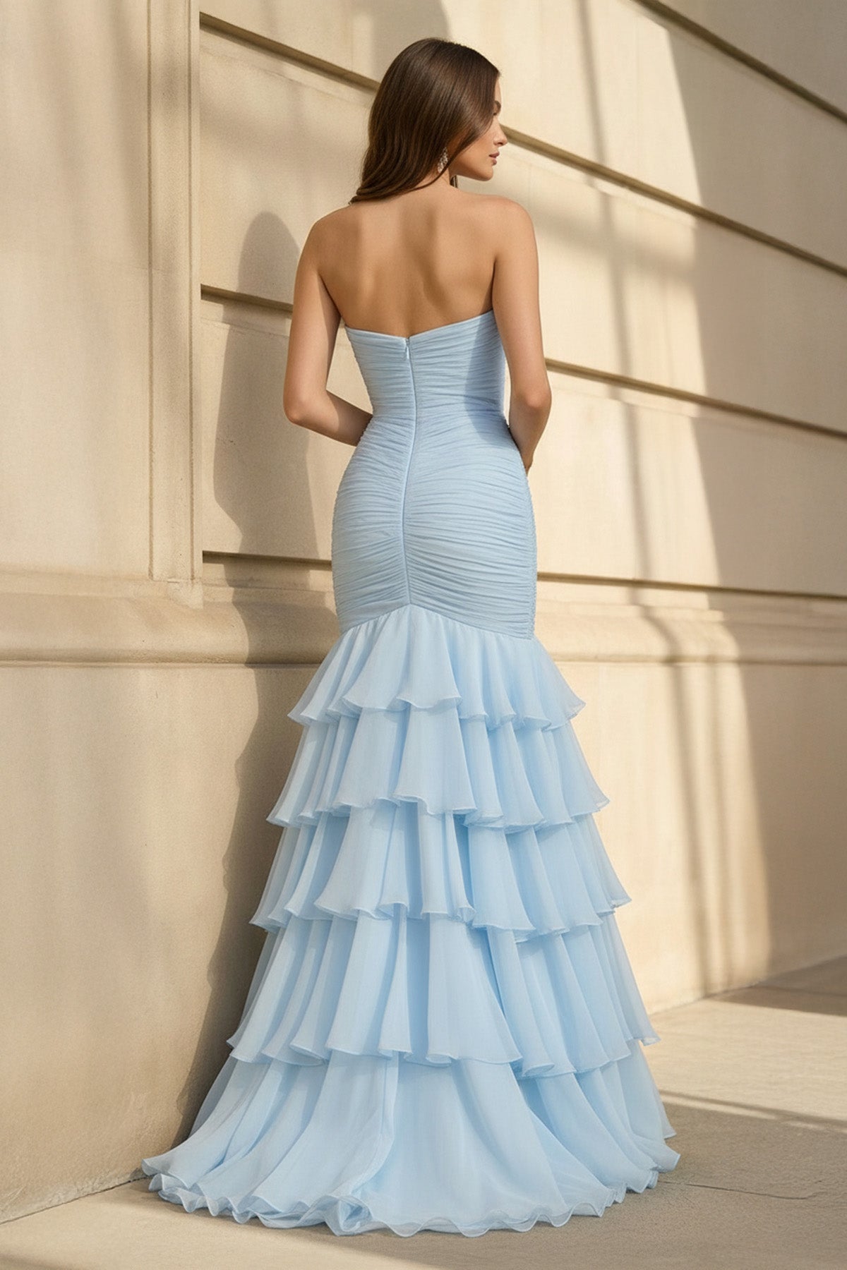 Mermaid Ruffled Prom Gown With Bow in Sky Blue