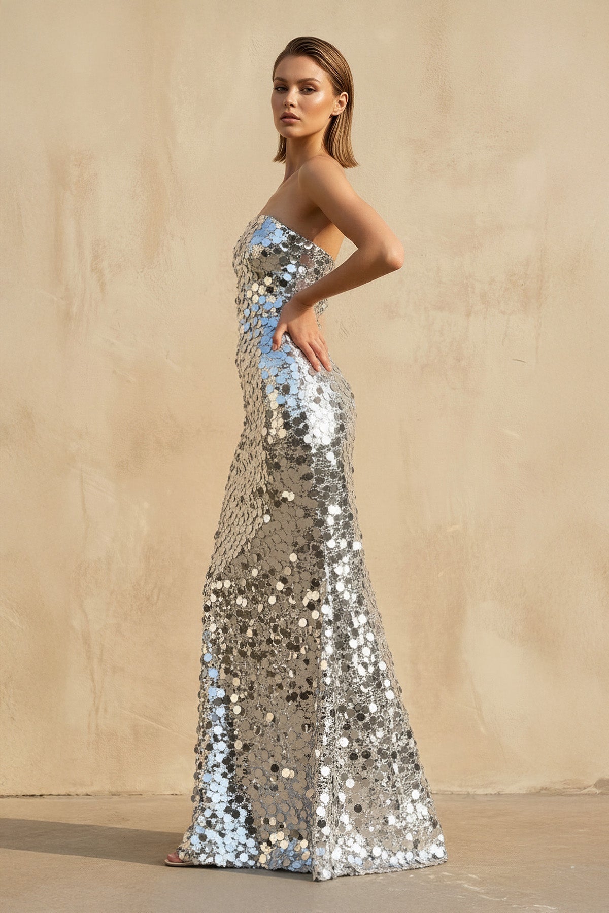 Mermaid Sequins Maxi Dress in Silver