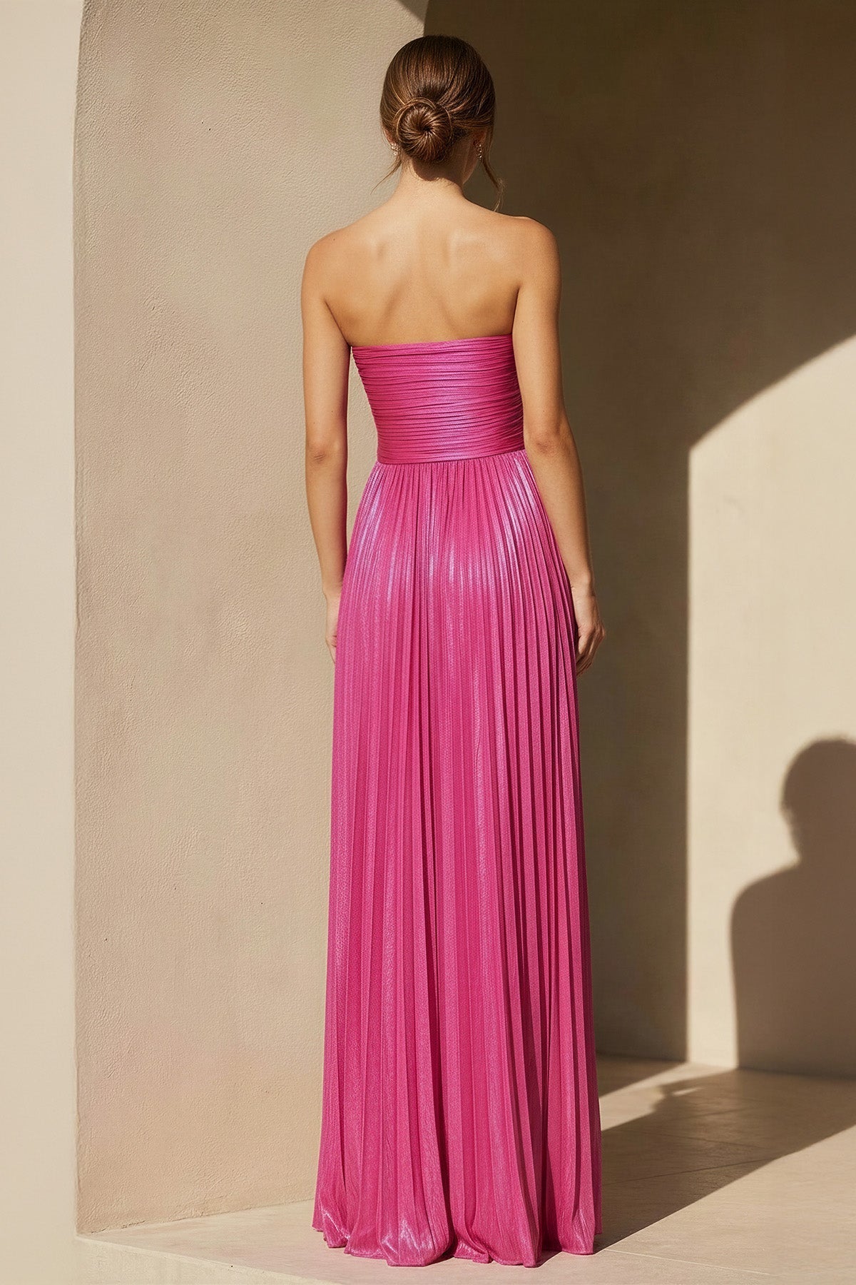 Metallic Pleated Gown With Cutout in Fuchsia