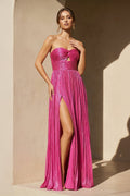 Metallic Pleated Gown With Cutout in Fuchsia