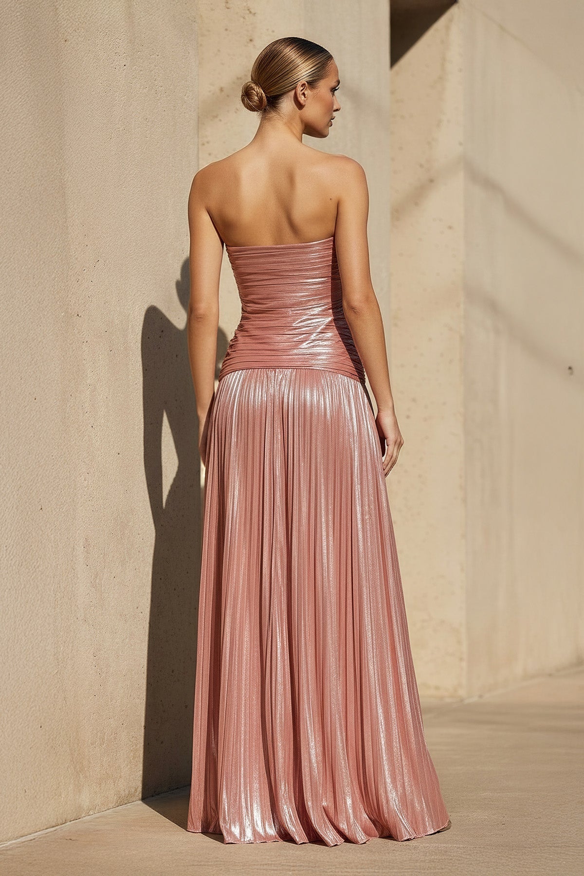 Metallic Pleated Gown With Cutout in Rose Gold