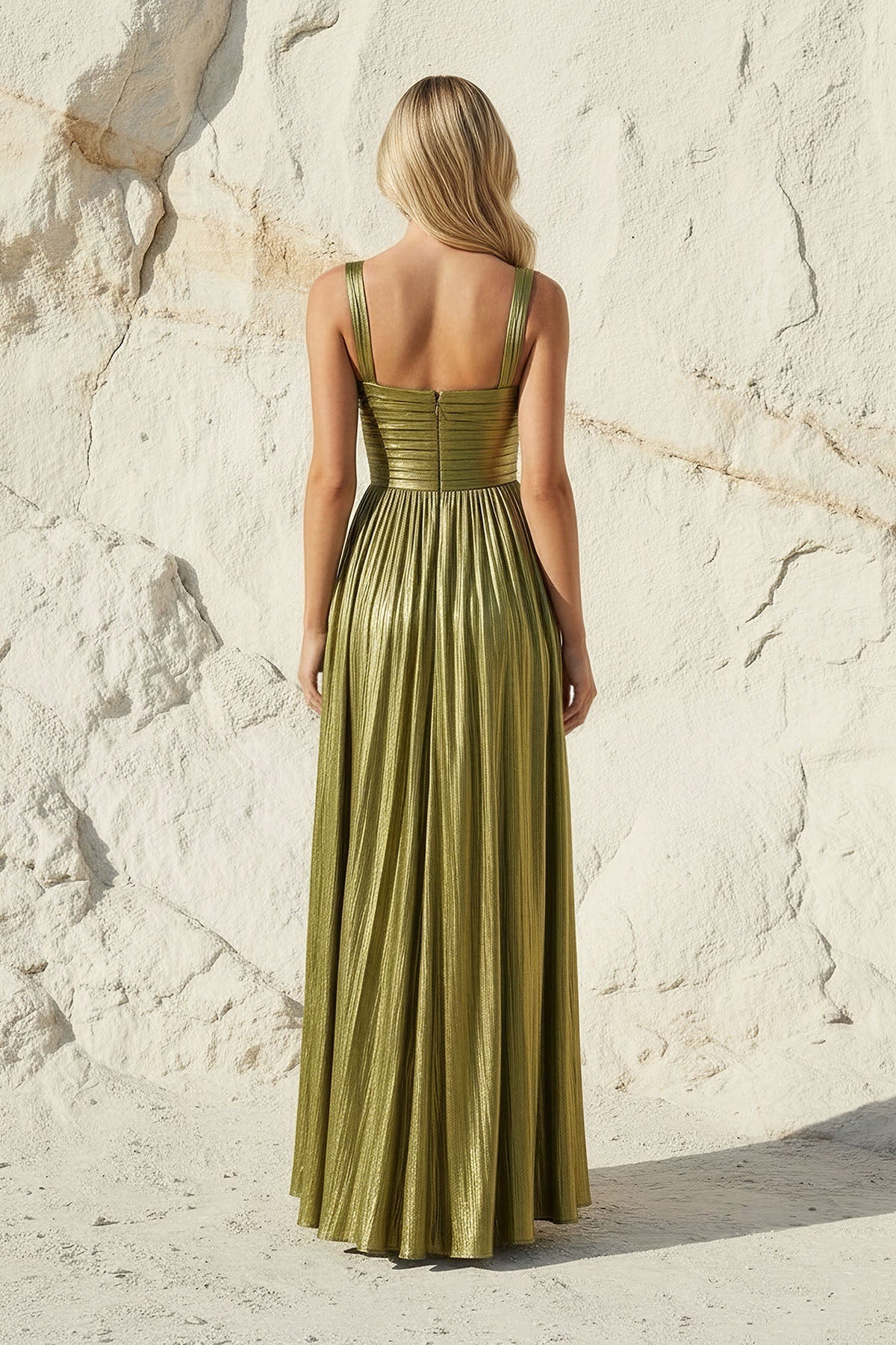 Metallic Pleated Gown With Slit in Olive