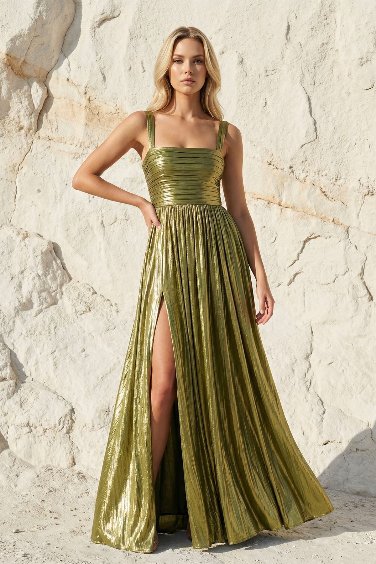 Metallic Pleated Gown With Slit in Olive