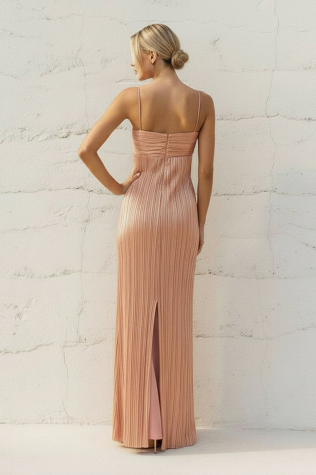 Metallic Pleated Maxi Dress in Rose Gold