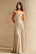 Metallic Pleated Maxi Dress With Slit in Champagne