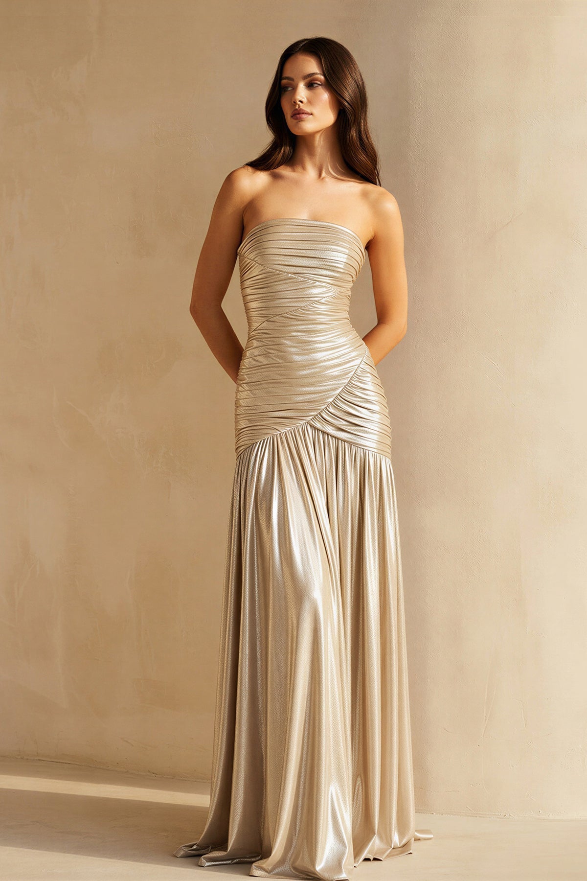 Metallic Pleated Maxi Dress With Slit in Champagne