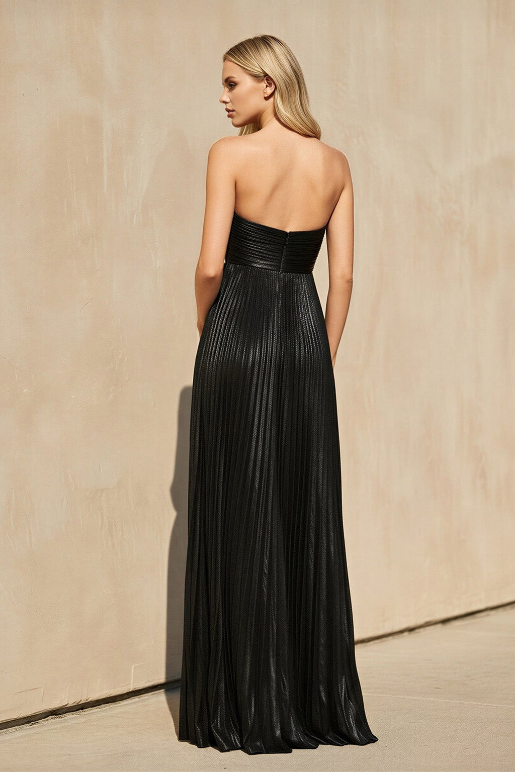 Metallic Strapless Maxi Dress With Slit in Black