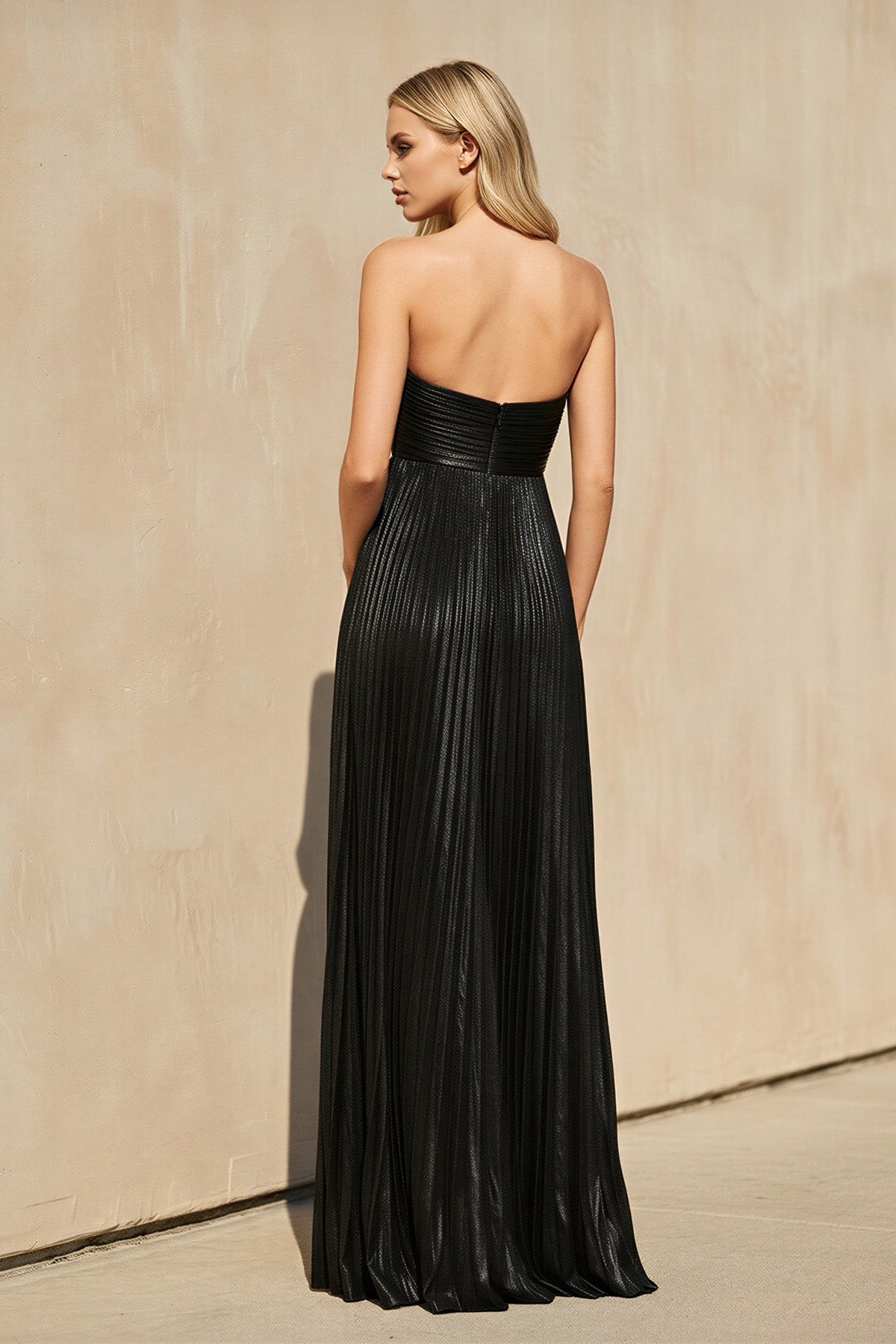 Metallic Strapless Maxi Dress With Slit in Black