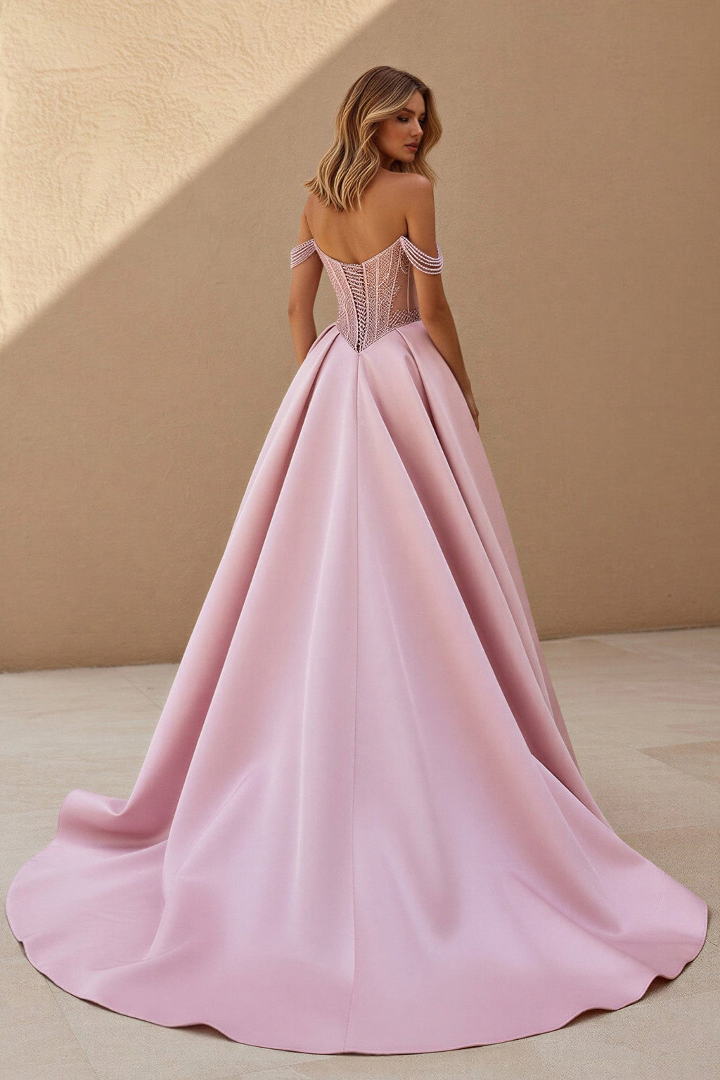 Off The Shoulder Beaded Prom Dress With Slit in Pink