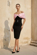 Off The Shoulder Bow Midi Dress in Black and Pink