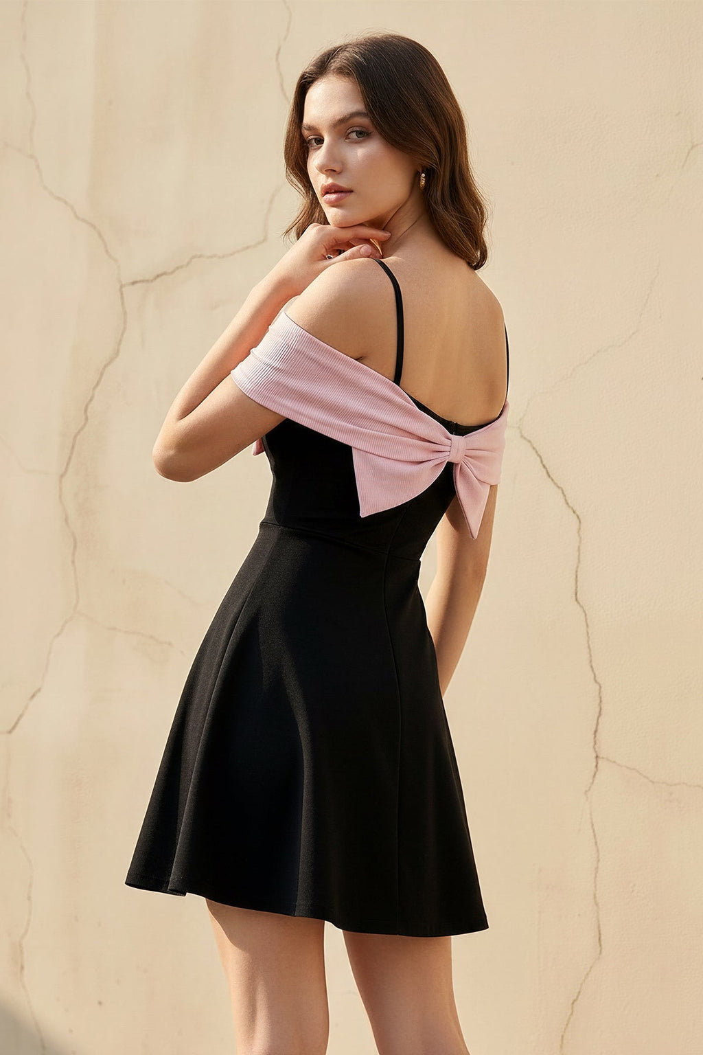 Off The Shoulder Bow Mini Dress in Black and Pink