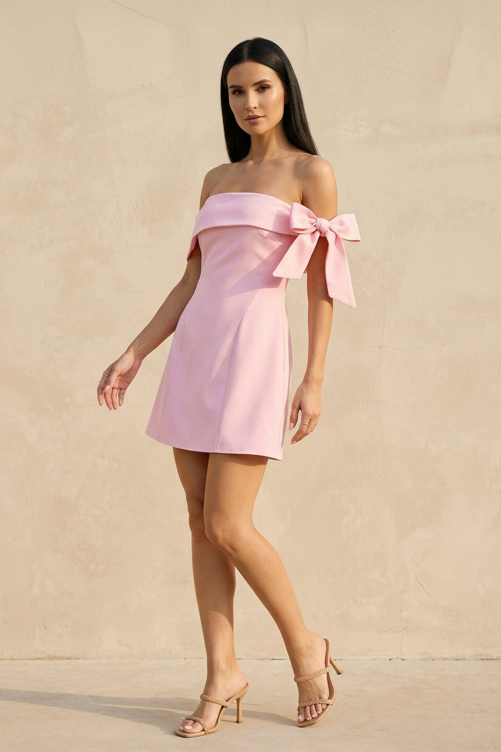 Off The Shoulder Bow Mini Dress in Pink