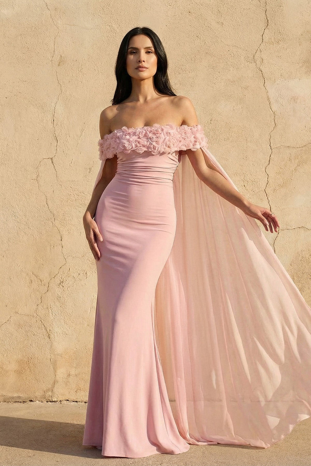 Off The Shoulder Floral Cape Gown in Pink