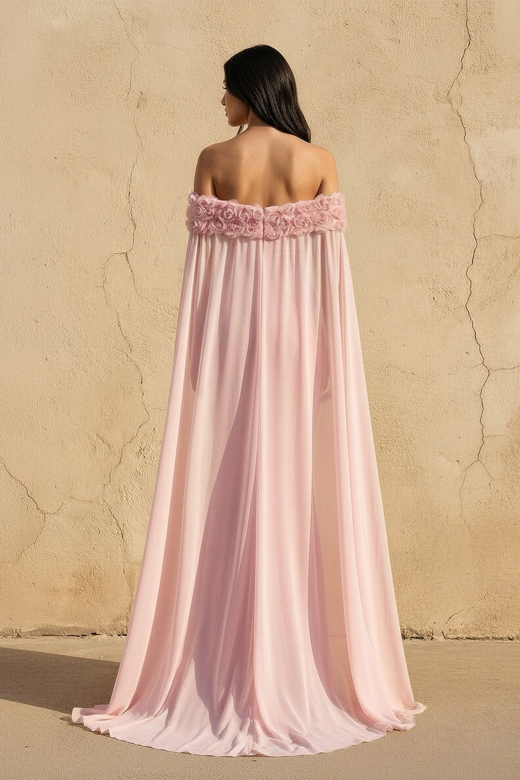 Off The Shoulder Floral Cape Gown in Pink