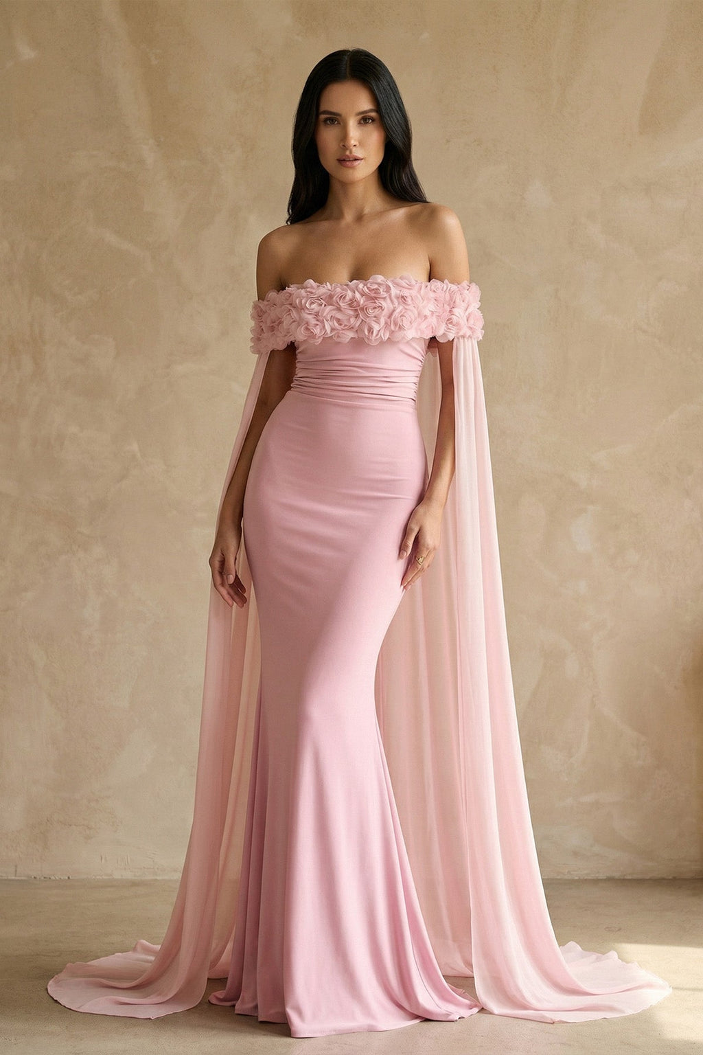 Off The Shoulder Floral Cape Gown in Pink