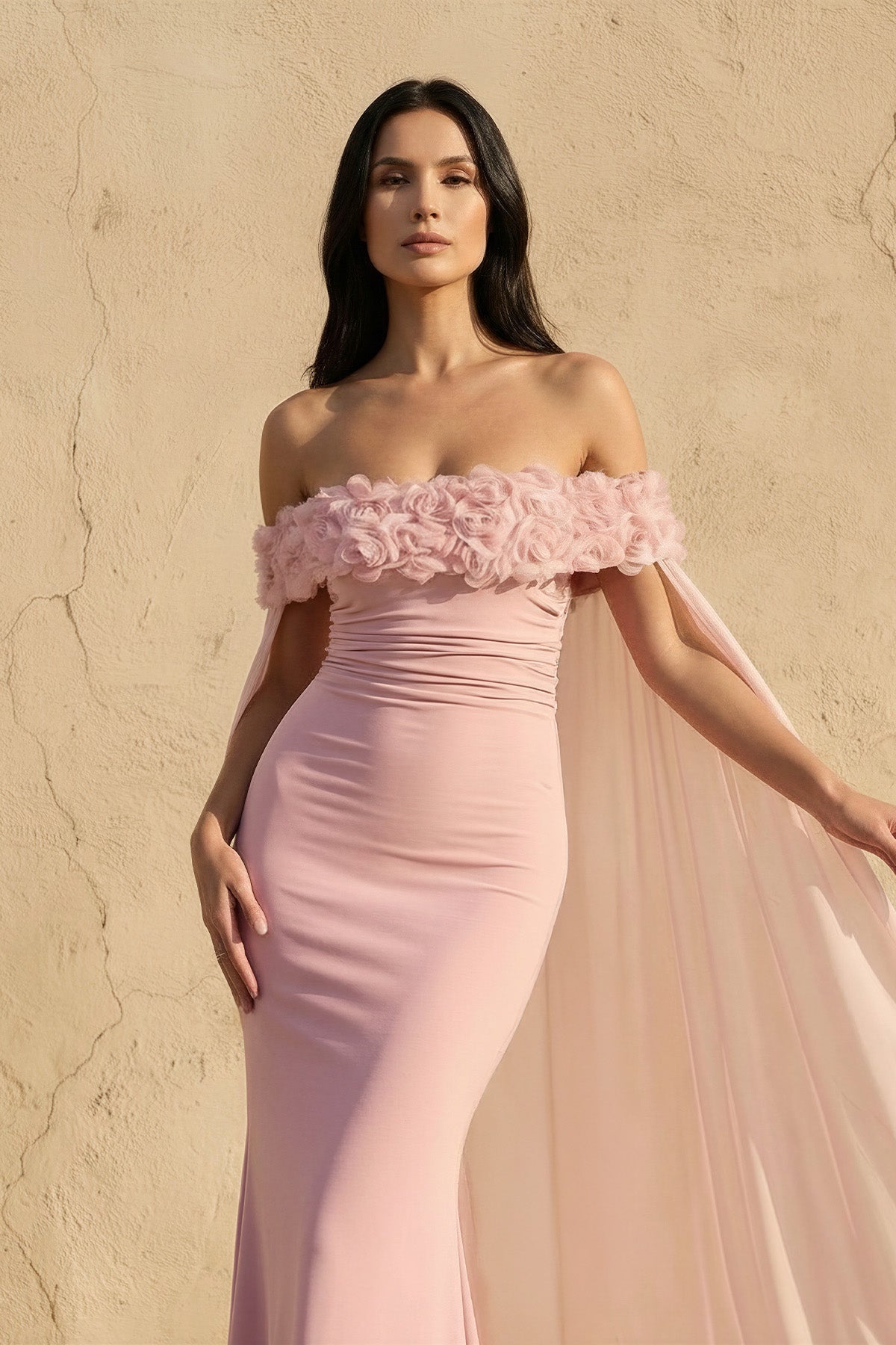 Off The Shoulder Floral Cape Gown in Pink