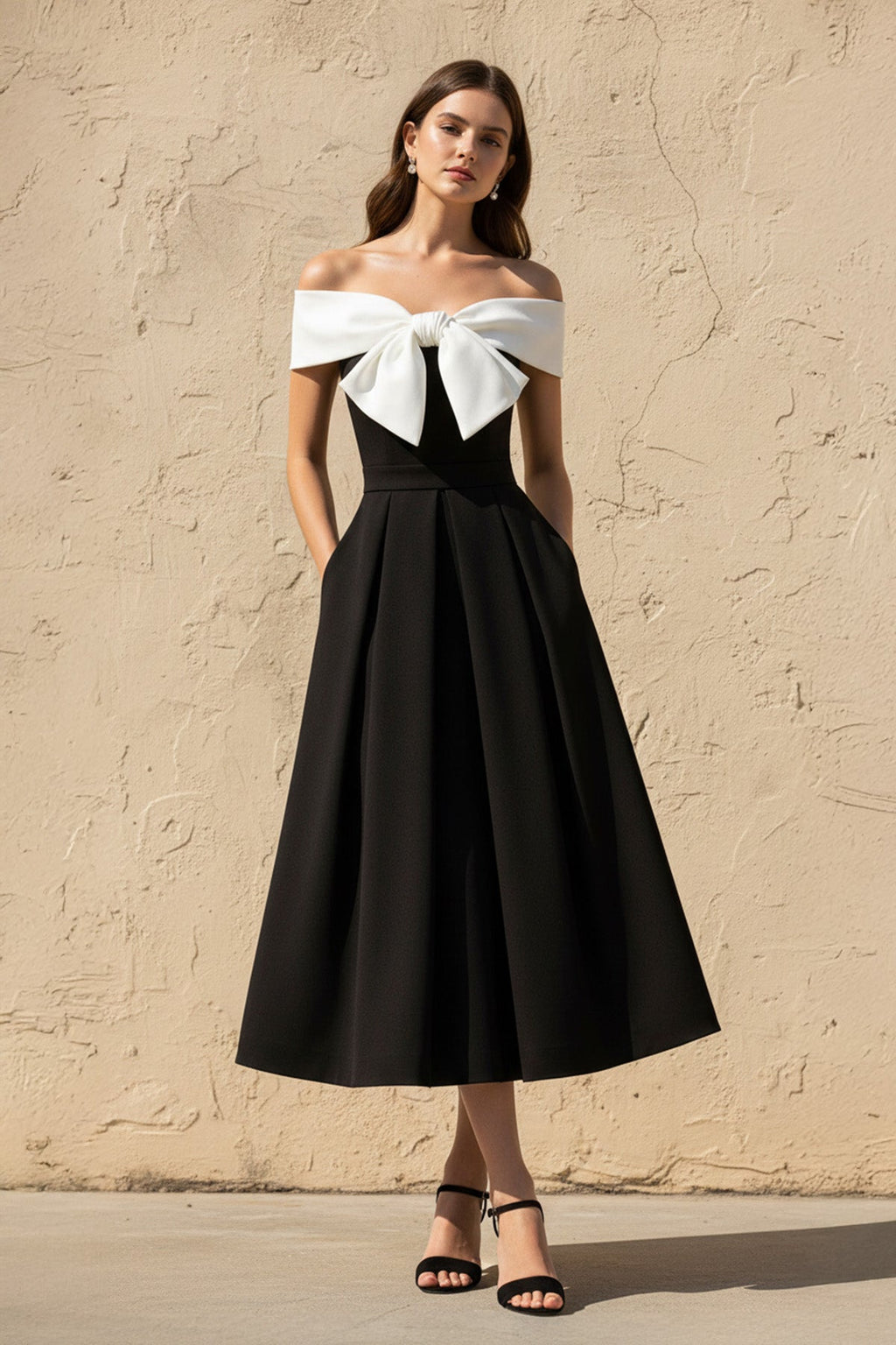 Off The Shoulder Midi Dress With Bow in Black and White