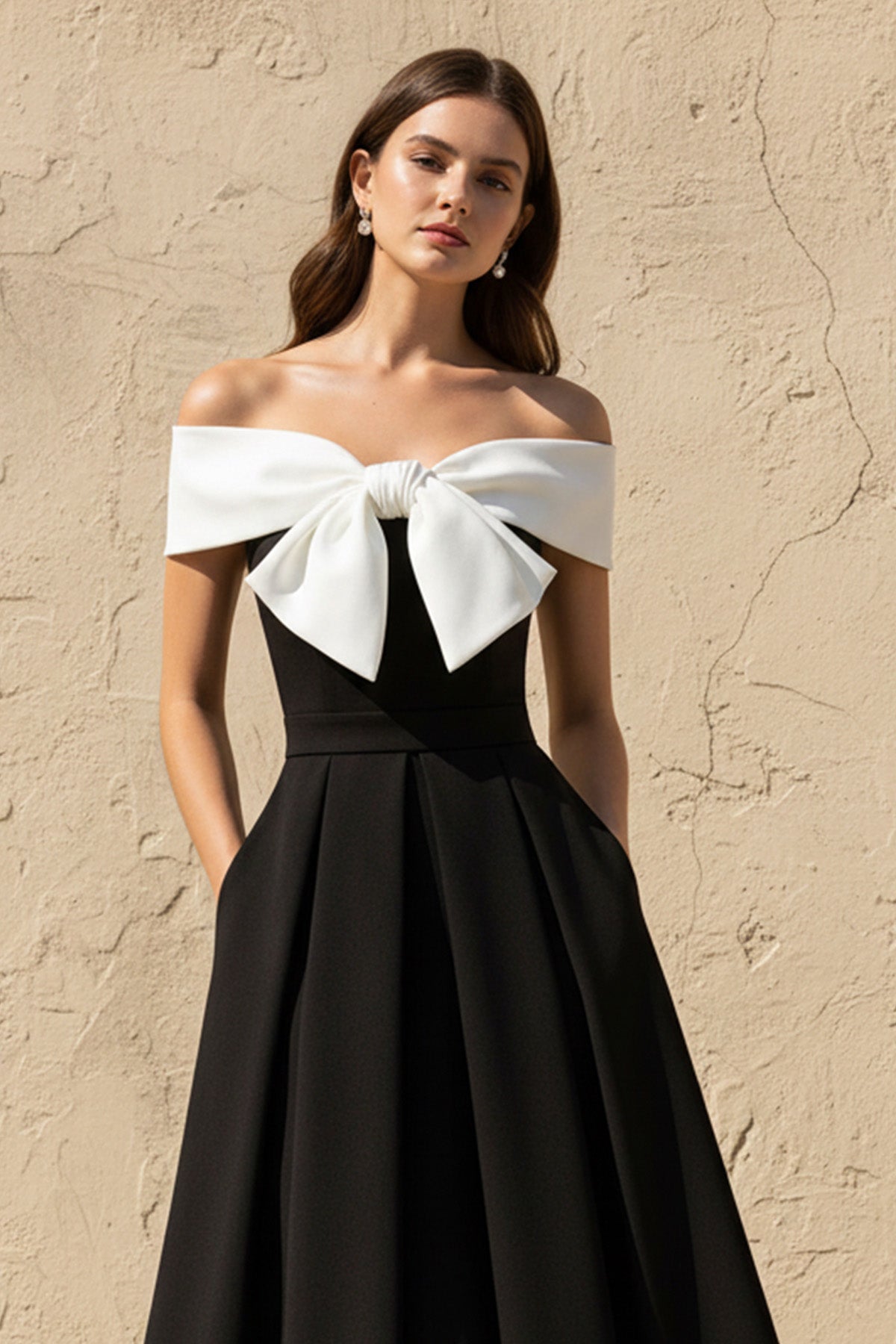 Off The Shoulder Midi Dress With Bow in Black and White
