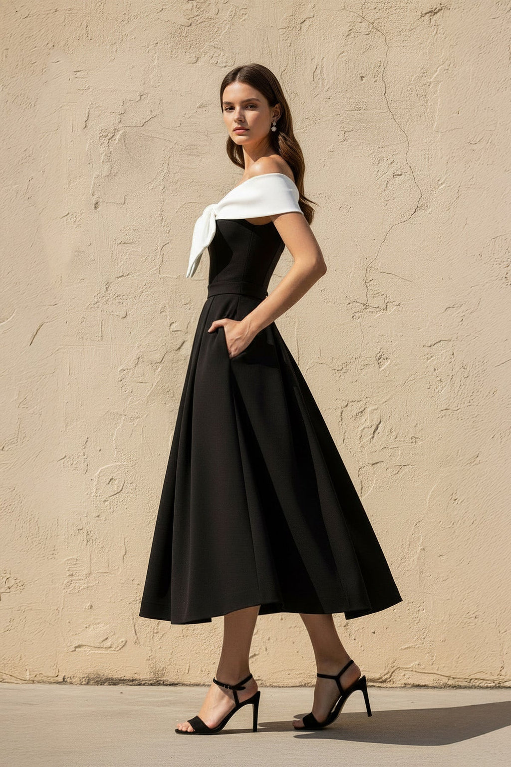 Off The Shoulder Midi Dress With Bow in Black and White