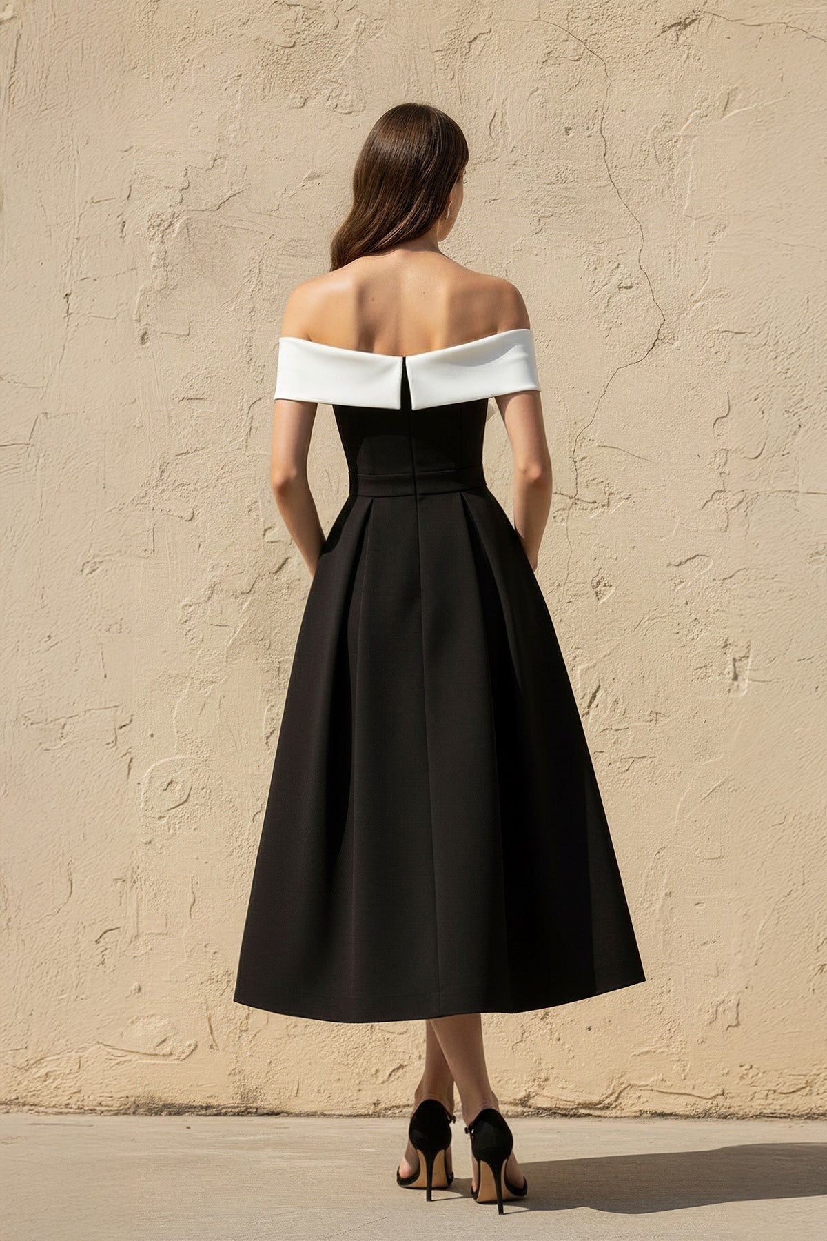 Off The Shoulder Midi Dress With Bow in Black and White