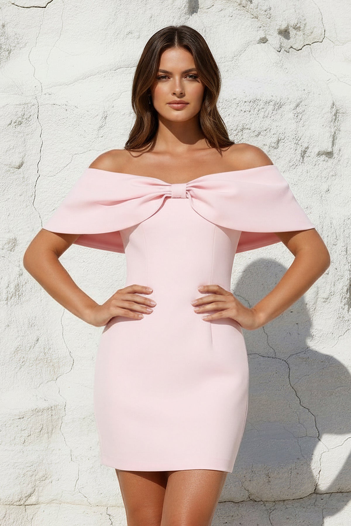Off The Shoulder Mini Dress With Bow Cape in Pink