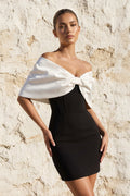 Off The Shoulder Mini Dress With Bow in Black and White