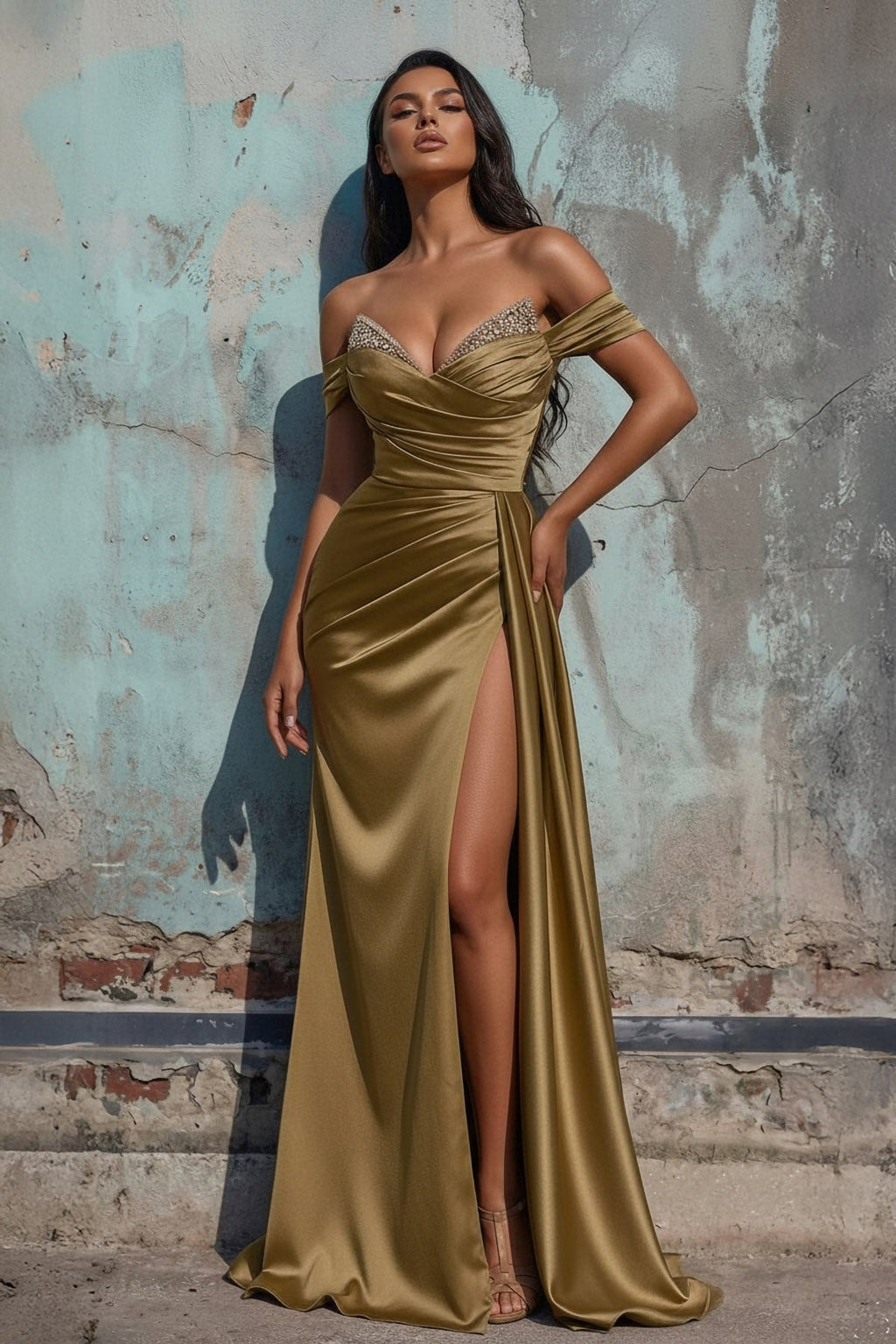 Off The Shoulder Pleated Prom Gown With Beading in Gold