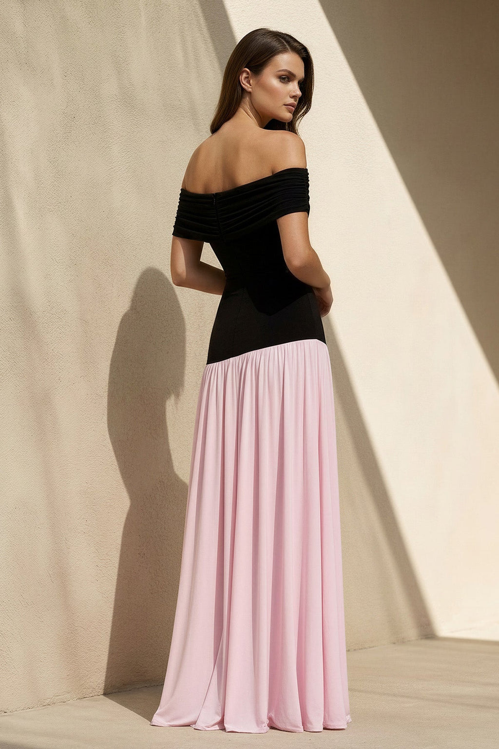 Off The Shoulder Pleated Maxi Dress in Black and Pink