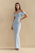 Off The Shoulder Pleated Maxi Dress in Sky Blue