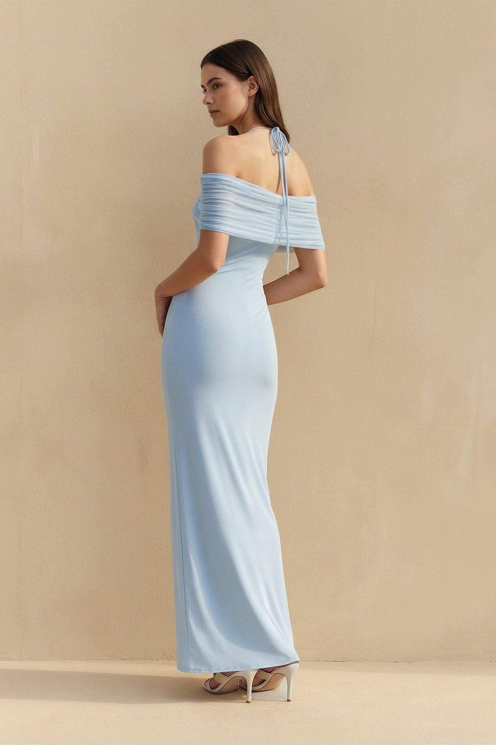 Off The Shoulder Pleated Maxi Dress in Sky Blue