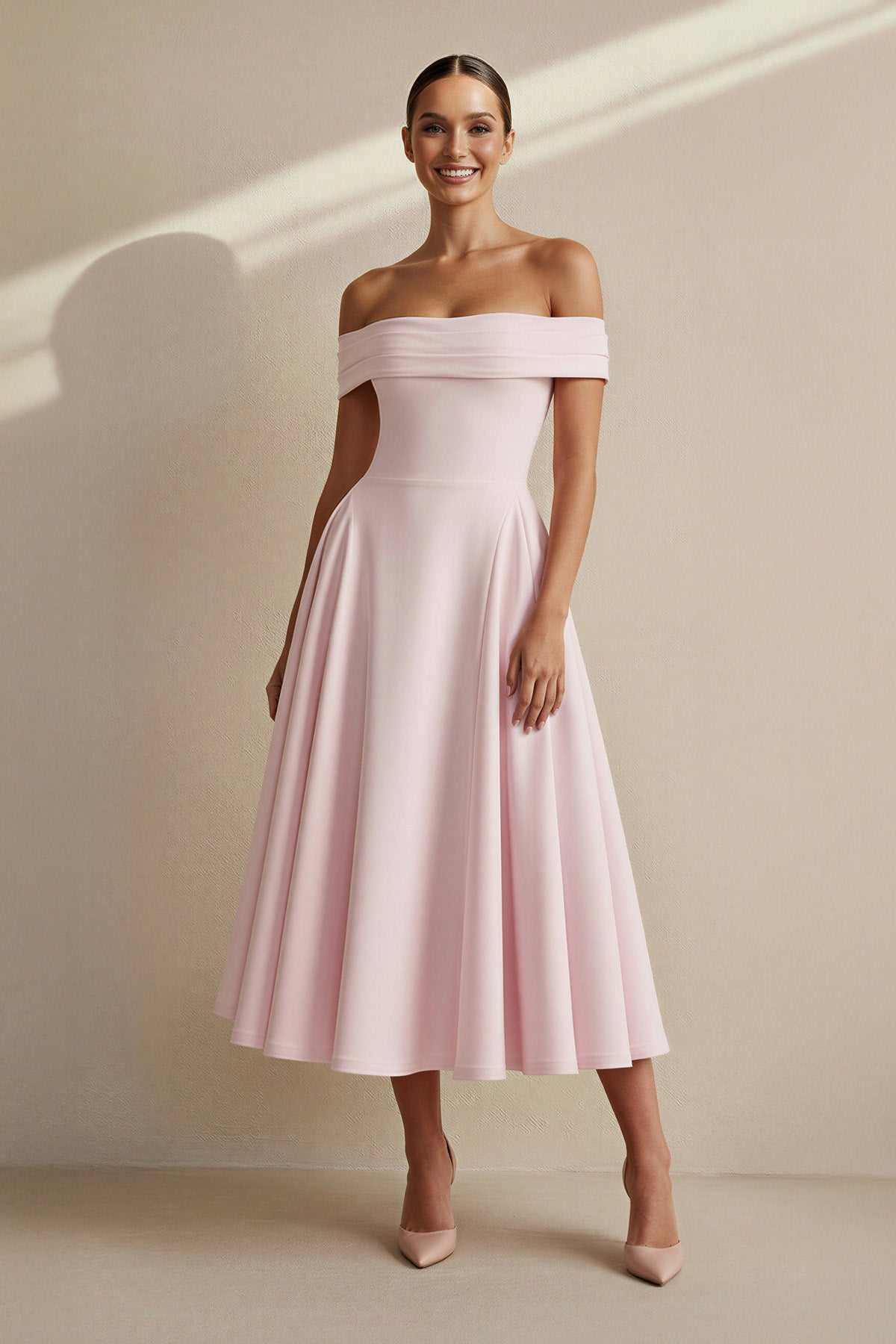 Off The Shoulder Pleated Midi Dress in Pink