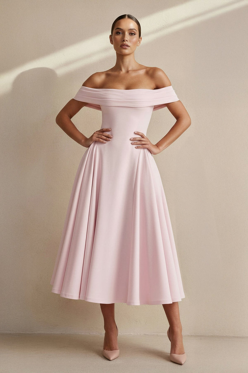 Off The Shoulder Pleated Midi Dress in Pink