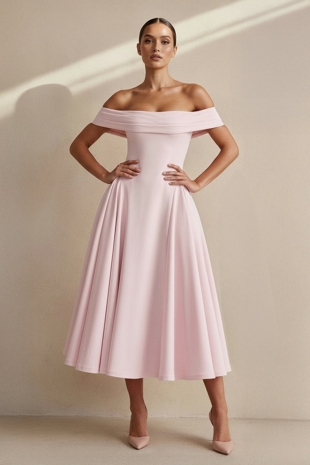 Off The Shoulder Pleated Midi Dress in Pink