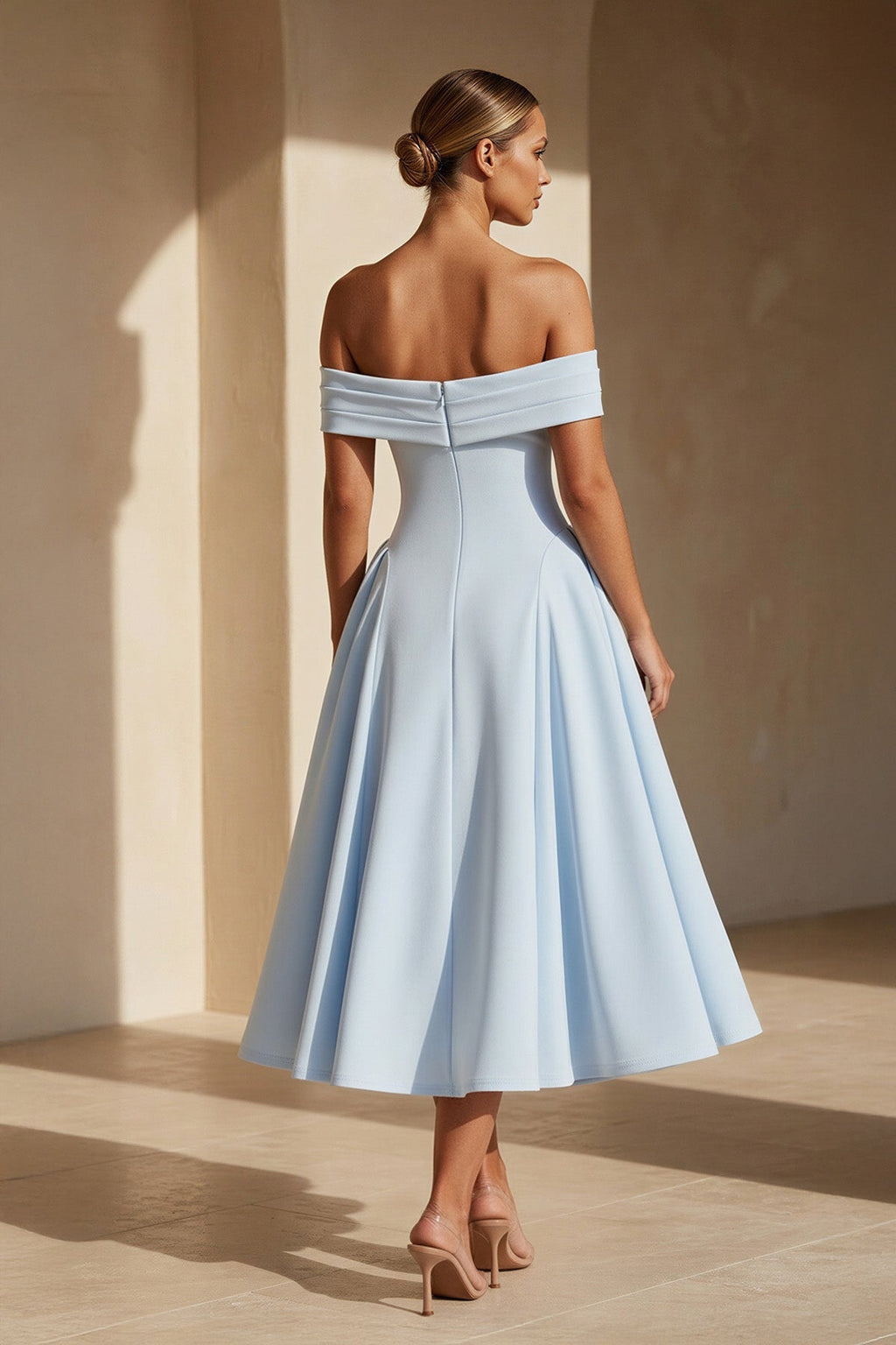 Off The Shoulder Pleated Midi Dress in Sky Blue