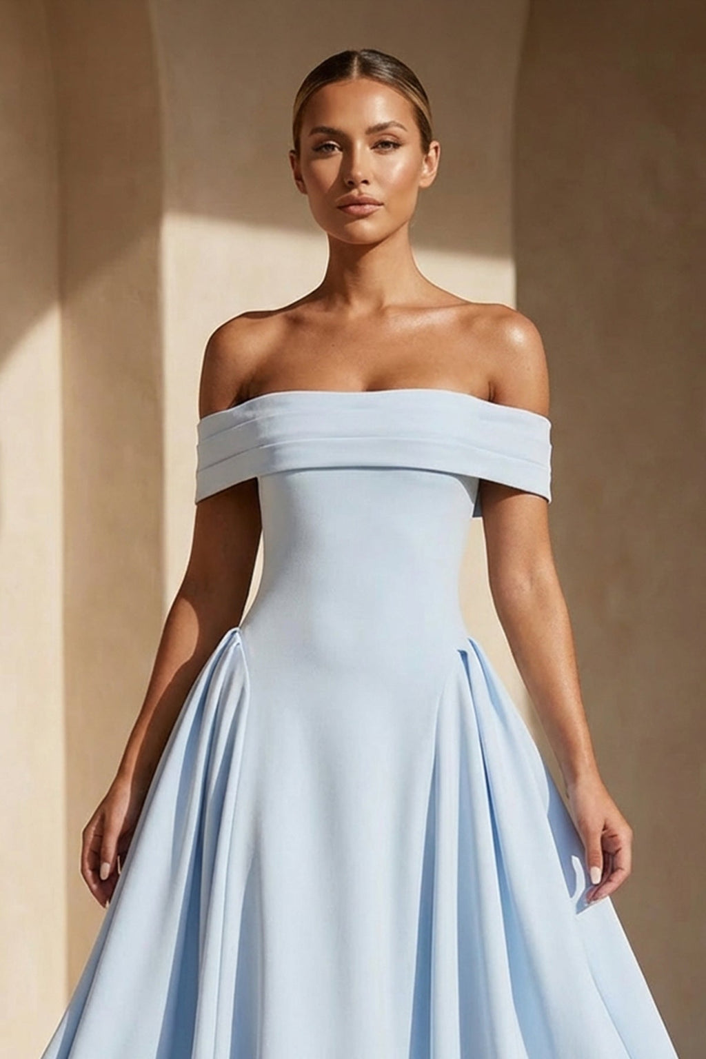 Off The Shoulder Pleated Midi Dress in Sky Blue