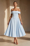 Off The Shoulder Pleated Midi Dress in Sky Blue