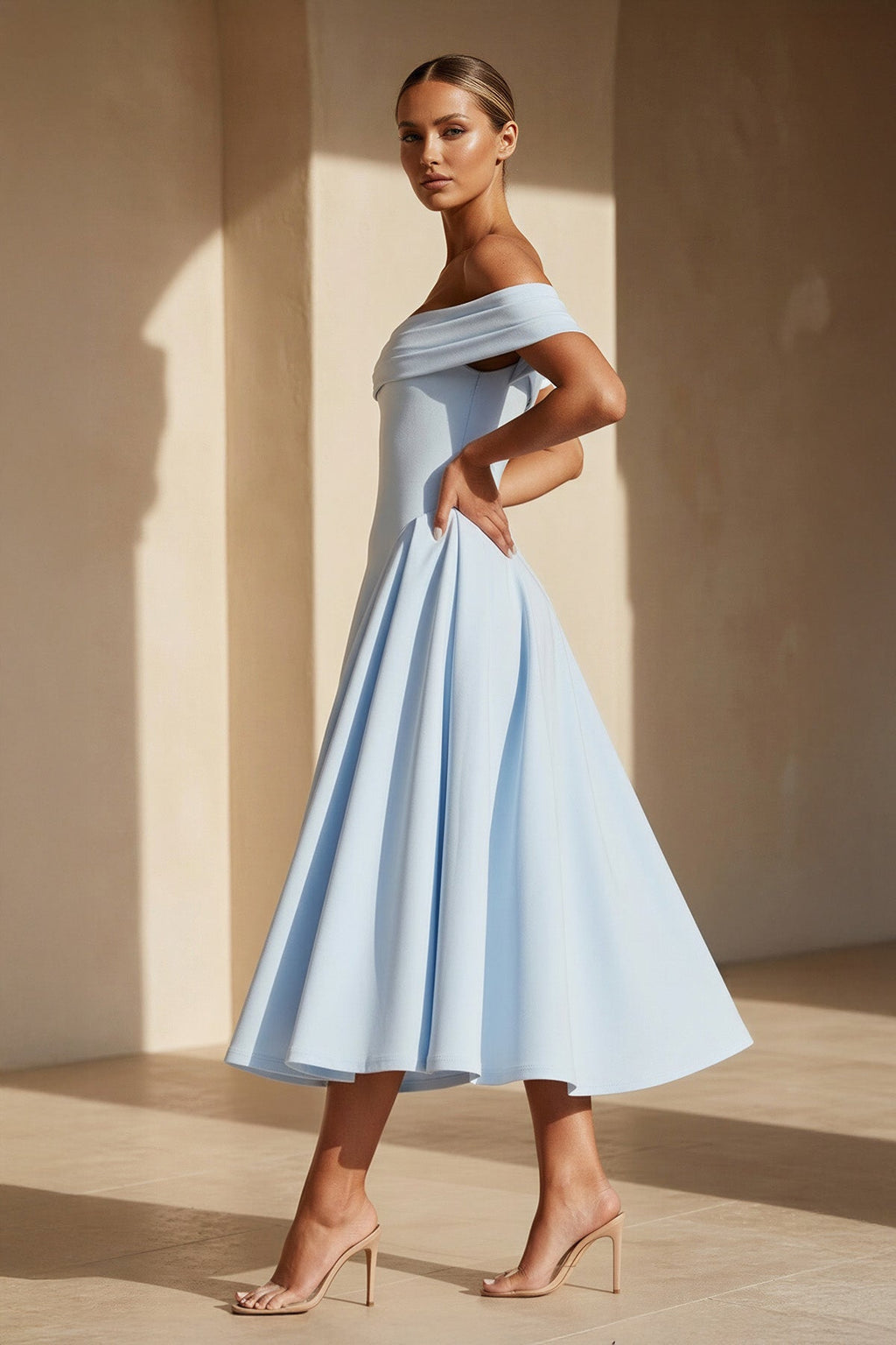 Off The Shoulder Pleated Midi Dress in Sky Blue