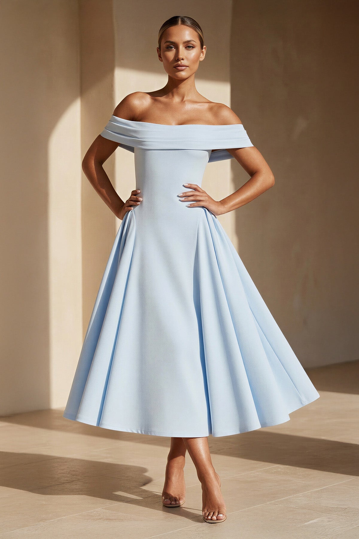 Off The Shoulder Pleated Midi Dress in Sky Blue