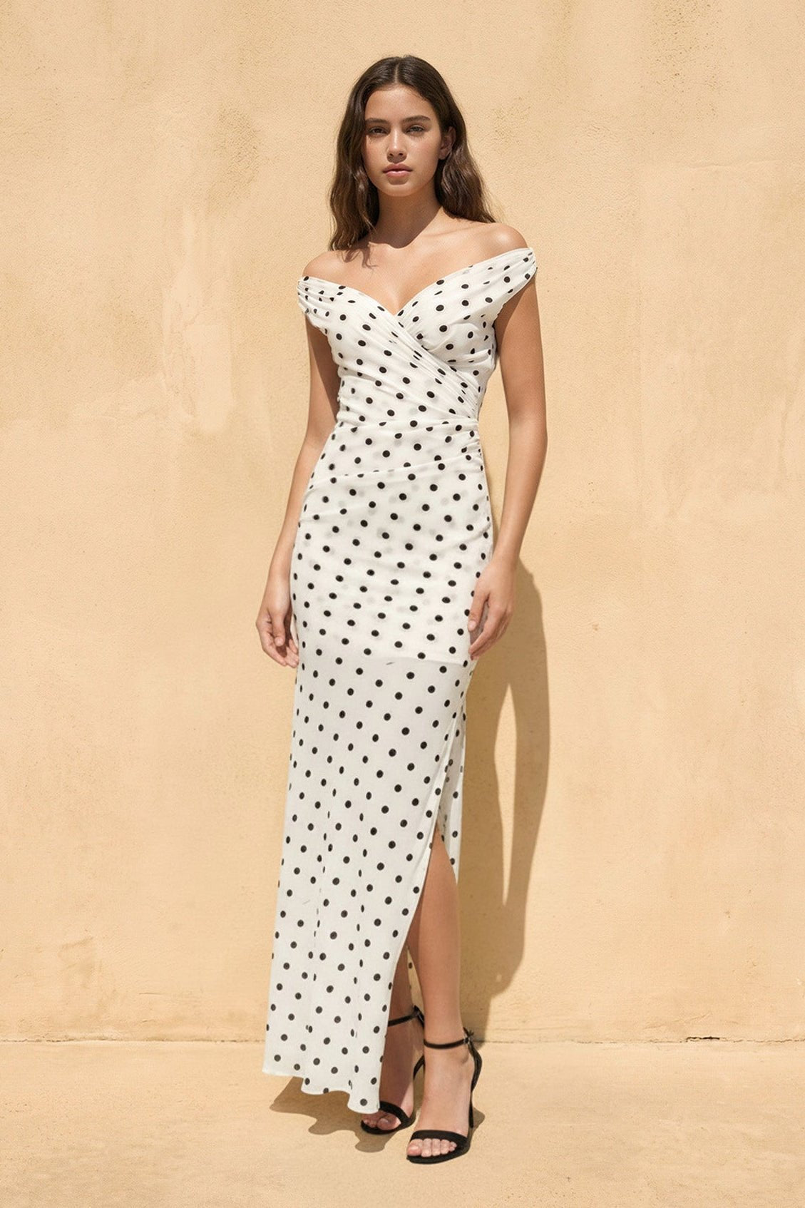 Off The Shoulder Polka Dot Maxi Dress in Ivory
