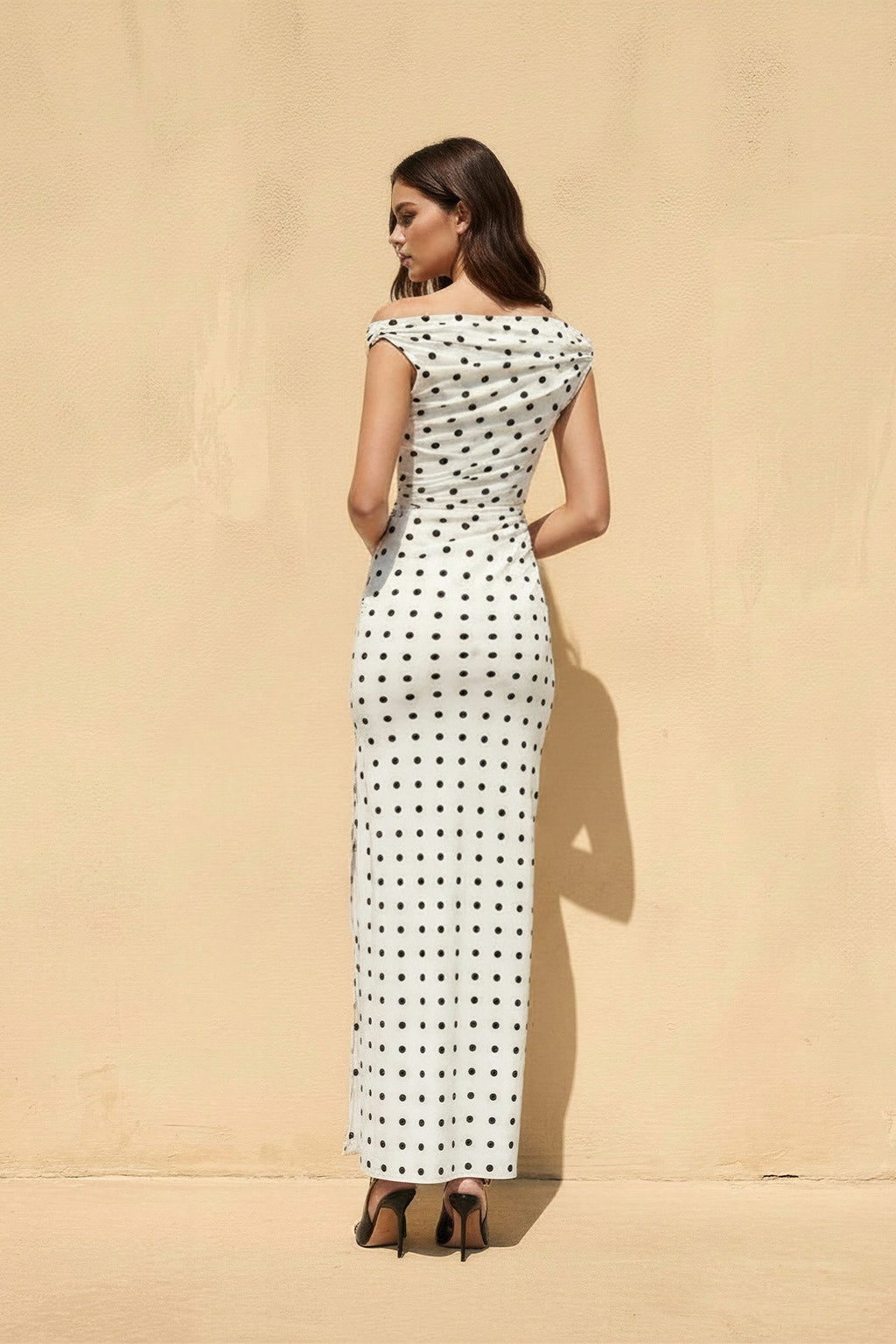Off The Shoulder Polka Dot Maxi Dress in Ivory