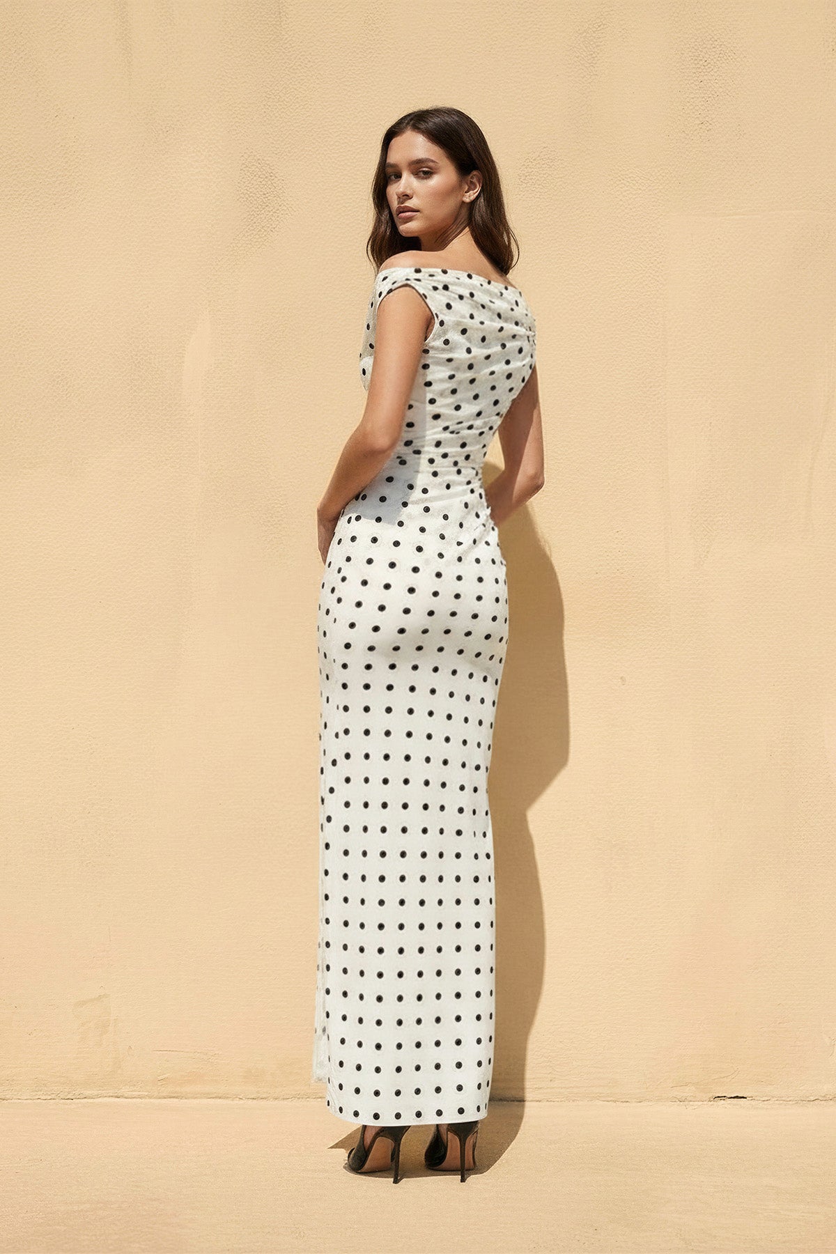 Off The Shoulder Polka Dot Maxi Dress in Ivory